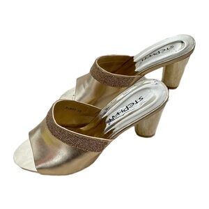 Italian Luxury Gold Chunky Heels Peep Toe Sandals Stephan Embellished Mules, 7